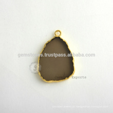 Handmade Smoky Quartz Slice Gemstone Bezel Charm Atacado Micron Gold Plated Sterling Silver Bezel Charm Connector